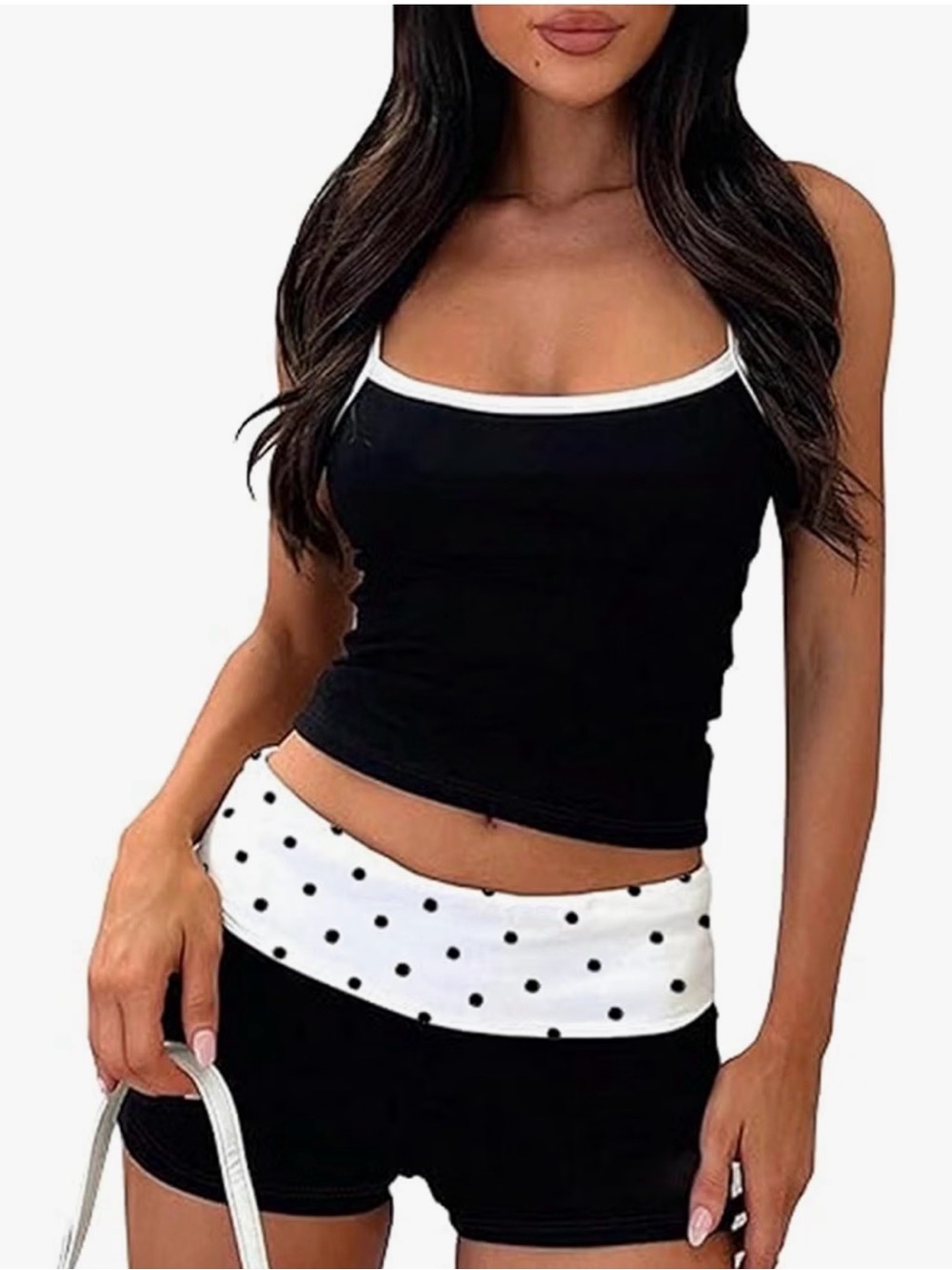 RUEWEY Women 2 Piece Polka Dots Pajama Set Y2k Sleeveless Cami Tank Top and Fold